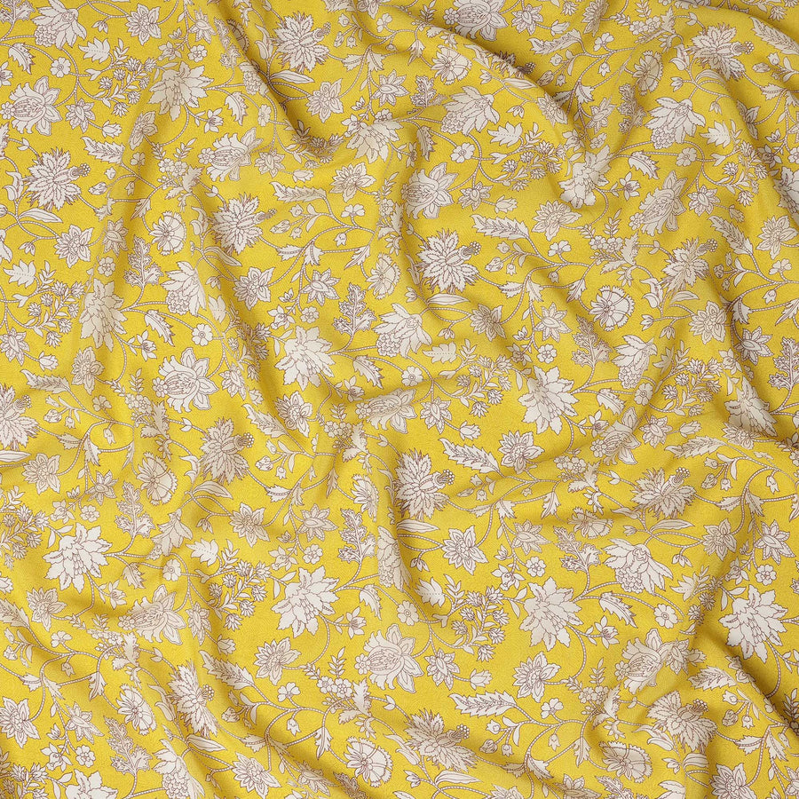 Yellow Floral Printed Premium Pure Silk Crepe Fabric 110 Cms From India-D27251 - Regal Fabrics