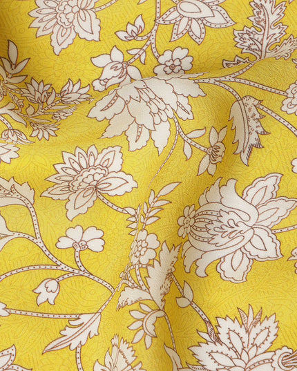 Yellow Floral Printed Premium Pure Silk Crepe Fabric 110 Cms From India-D27251 - Regal Fabrics