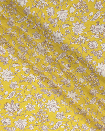Yellow Floral Printed Premium Pure Silk Crepe Fabric 110 Cms From India-D27251 - Regal Fabrics