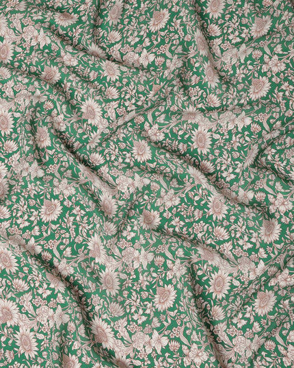Emerald Green Floral Printed Premium Pure Silk Crepe Fabric 110 Cms From India-D27248 - Regal Fabrics