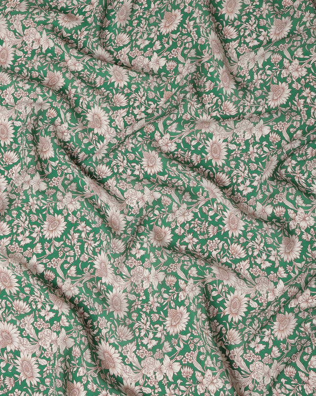 Emerald Green Floral Printed Premium Pure Silk Crepe Fabric 110 Cms From India-D27248