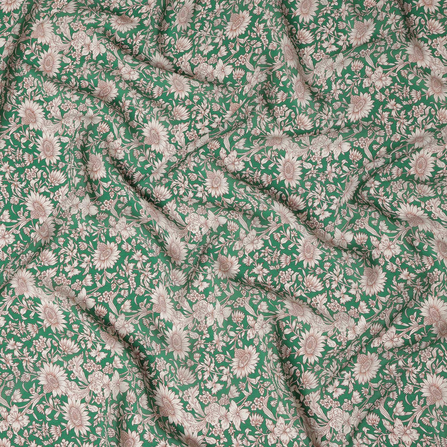 Emerald Green Floral Printed Premium Pure Silk Crepe Fabric 110 Cms From India-D27248 - Regal Fabrics