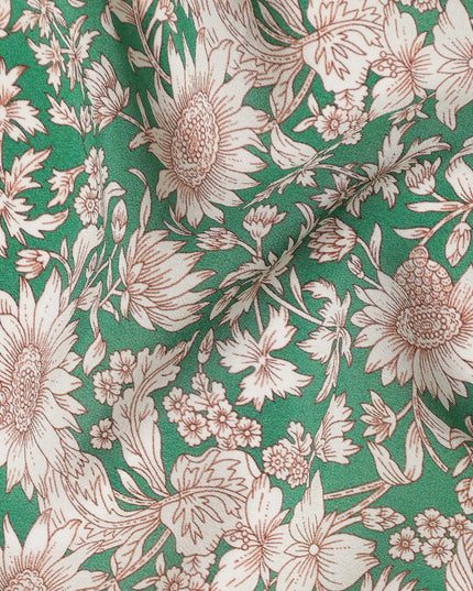 Emerald Green Floral Printed Premium Pure Silk Crepe Fabric 110 Cms From India-D27248 - Regal Fabrics