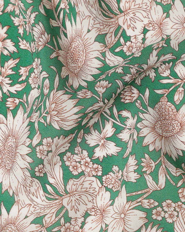 Emerald Green Floral Printed Premium Pure Silk Crepe Fabric 110 Cms From India-D27248