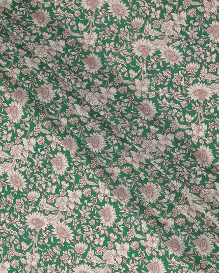 Emerald Green Floral Printed Premium Pure Silk Crepe Fabric 110 Cms From India-D27248 - Regal Fabrics