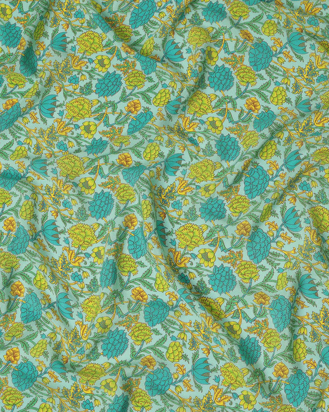 Blue Floral Pure Silk Crepe Fabric 110cm - 1357133