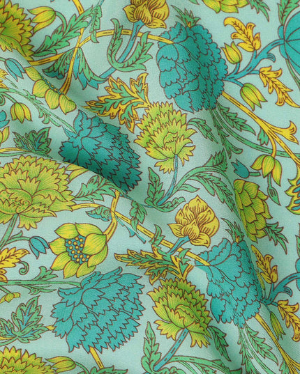 Blue Floral Pure Silk Crepe Fabric 110cm - 1357133