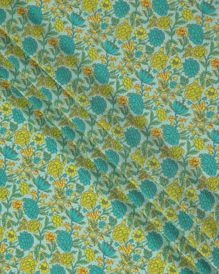 Blue Floral Pure Silk Crepe Fabric 110cm - 1357133