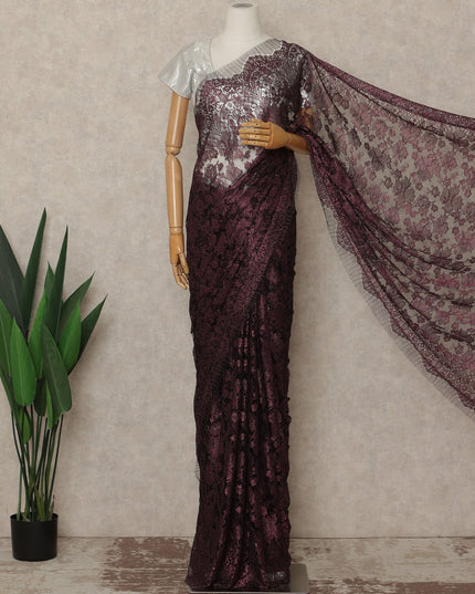 Deep Wine Purple Premium French Metallic Chantilly Saree Lace Fabric 110 Cms Width 5.5 Meters Piece Elegant Floral Net Lace From France For Designer Sarees And Couture Draping-D27680