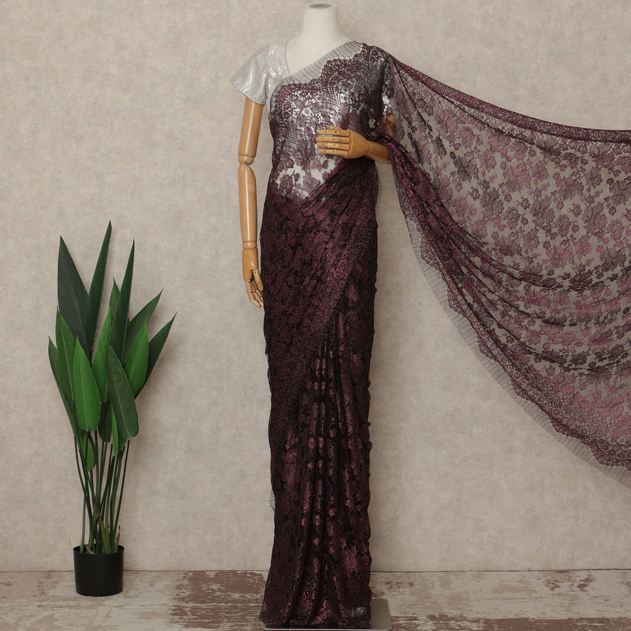Deep Wine Purple Premium French Metallic Chantilly Saree Lace Fabric 110 Cms Width 5.5 Meters Piece Elegant Floral Net Lace From France For Designer Sarees And Couture Draping-D27680