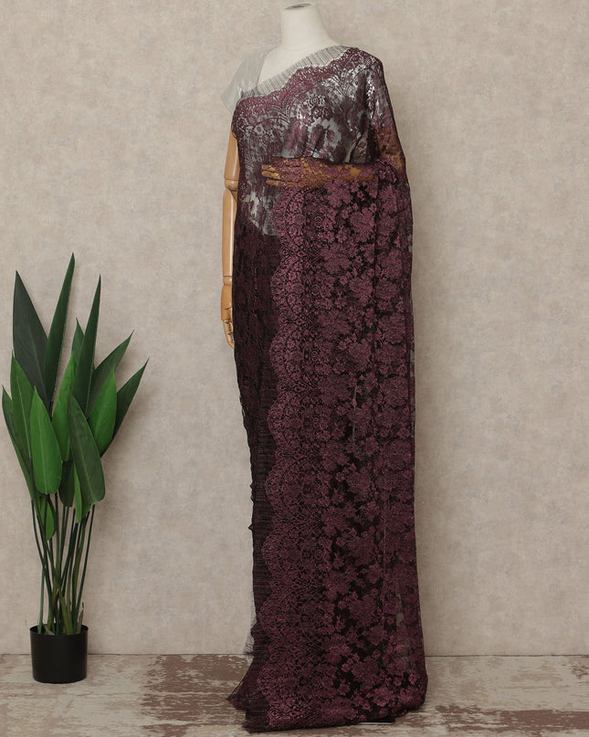 Deep Wine Purple Premium French Metallic Chantilly Saree Lace Fabric 110 Cms Width 5.5 Meters Piece Elegant Floral Net Lace From France For Designer Sarees And Couture Draping-D27680