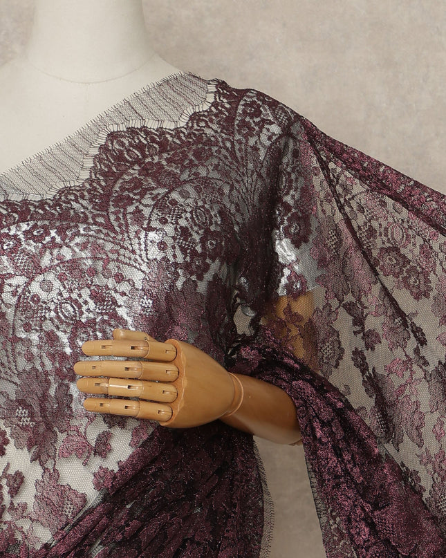 Deep Wine Purple Premium French Metallic Chantilly Saree Lace Fabric 110 Cms Width 5.5 Meters Piece Elegant Floral Net Lace From France For Designer Sarees And Couture Draping-D27680
