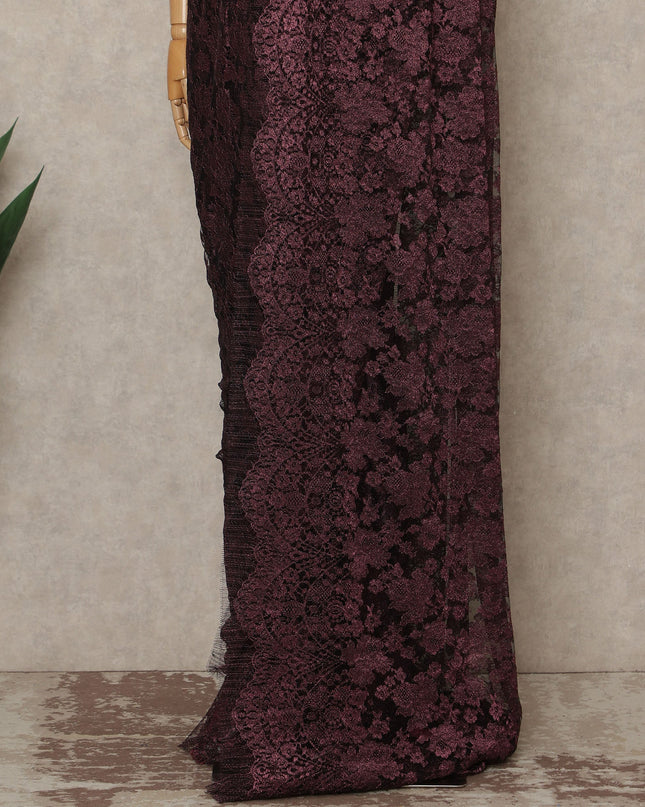 Deep Wine Purple Premium French Metallic Chantilly Saree Lace Fabric 110 Cms Width 5.5 Meters Piece Elegant Floral Net Lace From France For Designer Sarees And Couture Draping-D27680