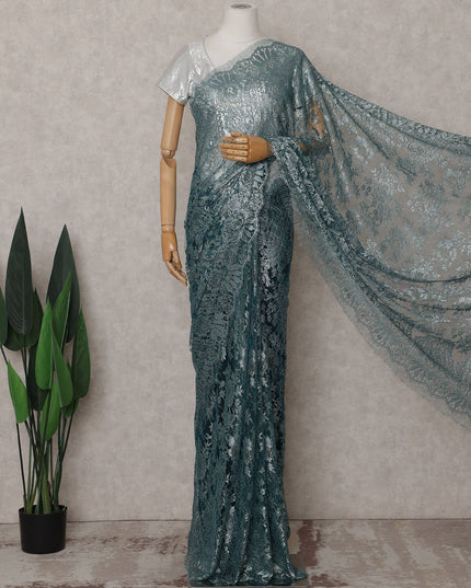 Antique Teal Green Metallic Lace Saree Fabric
