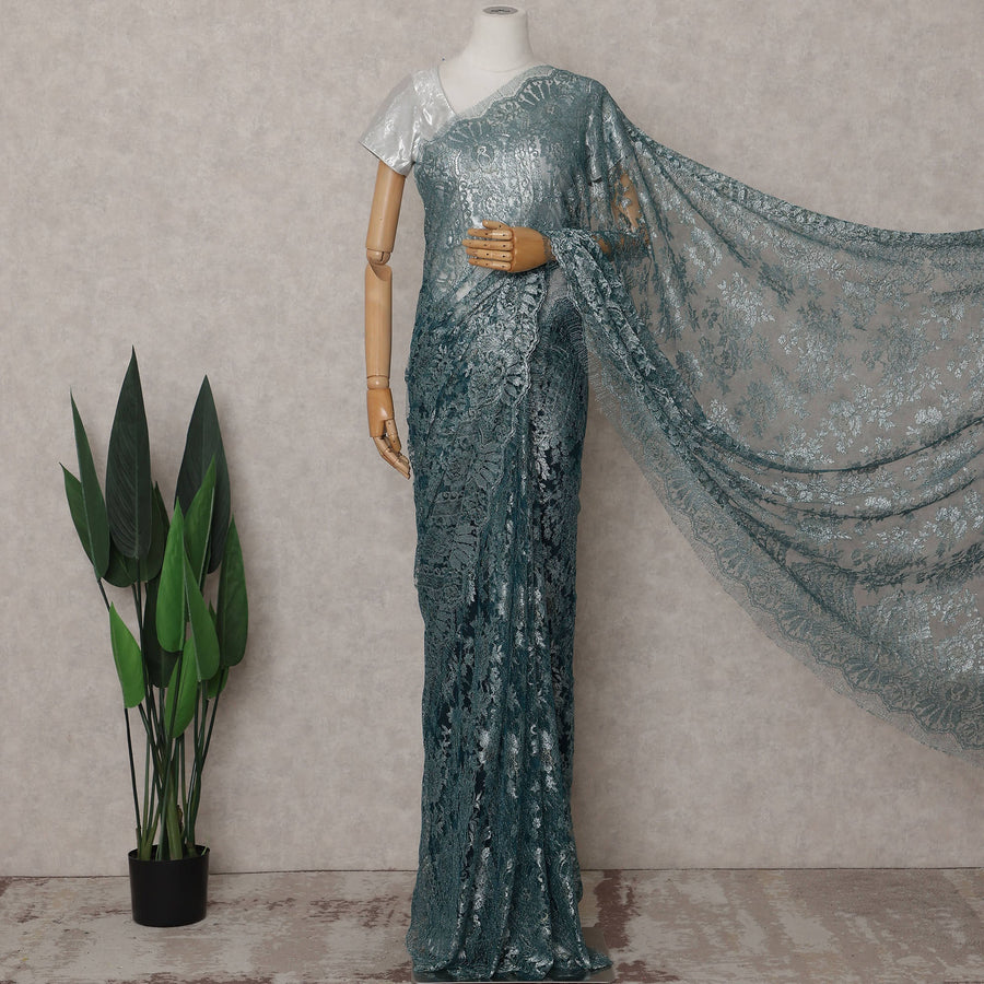 Antique Teal Green Metallic Lace Saree Fabric