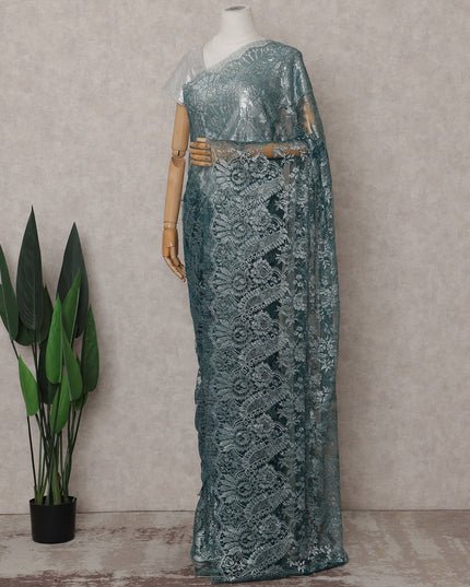Antique Teal Green Metallic Lace Saree Fabric