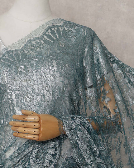 Antique Teal Green Metallic Lace Saree Fabric