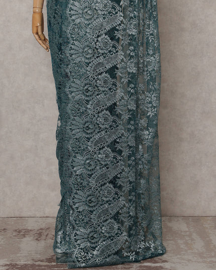 Antique Teal Green Metallic Lace Saree Fabric