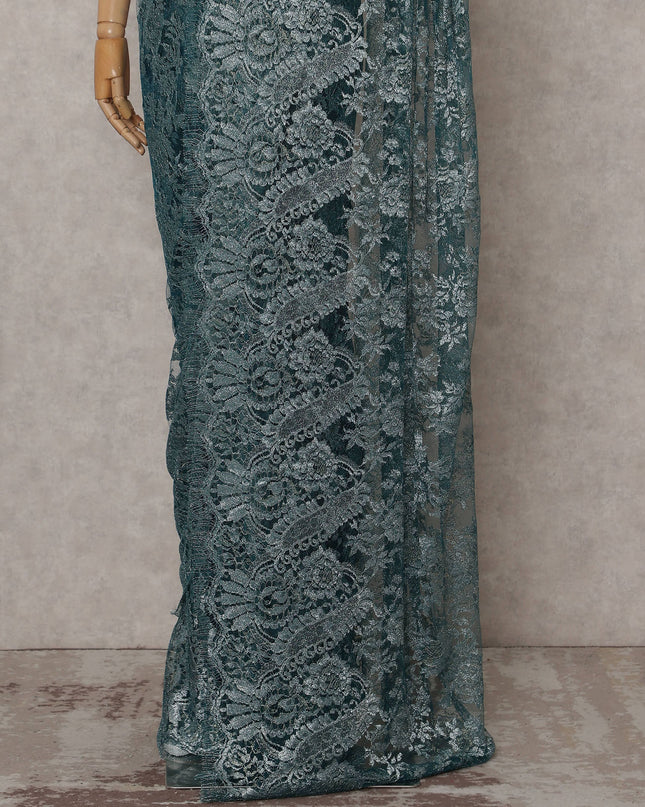 Antique Teal Green Metallic Lace Saree Fabric