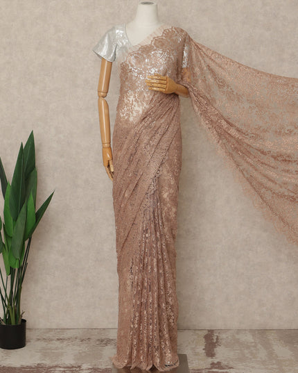 Rose Gold Premium French Metallic Chantilly Saree Lace Fabric 5.5 Meters x 110 Cms Width Elegant Floral Net Material From France Unstitched Blouse Not Included-D28141