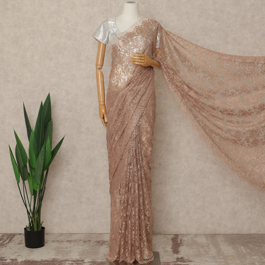 Rose Gold Premium French Metallic Chantilly Saree Lace Fabric 5.5 Meters x 110 Cms Width Elegant Floral Net Material From France Unstitched Blouse Not Included-D28141