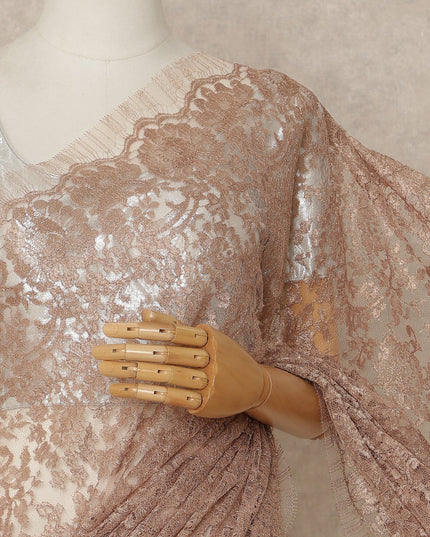 Rose Gold Premium French Metallic Chantilly Saree Lace Fabric 5.5 Meters x 110 Cms Width Elegant Floral Net Material From France Unstitched Blouse Not Included-D28141
