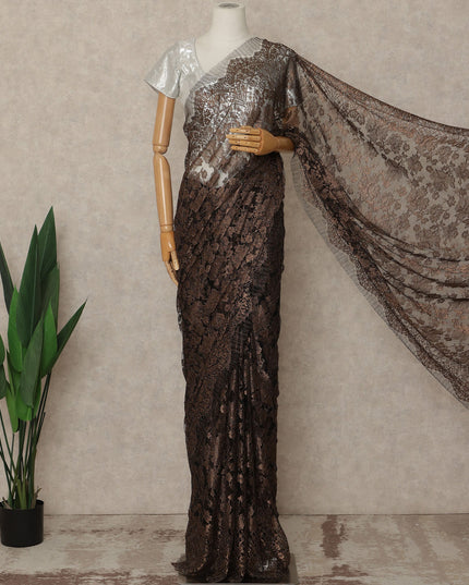 Dark Chocolate Brown Premium French Metallic Chantilly Saree Lace Fabric 5.5 Meters x 110 Cms Width Elegant Floral Net Material From France Unstitched Blouse Not Included-D28148