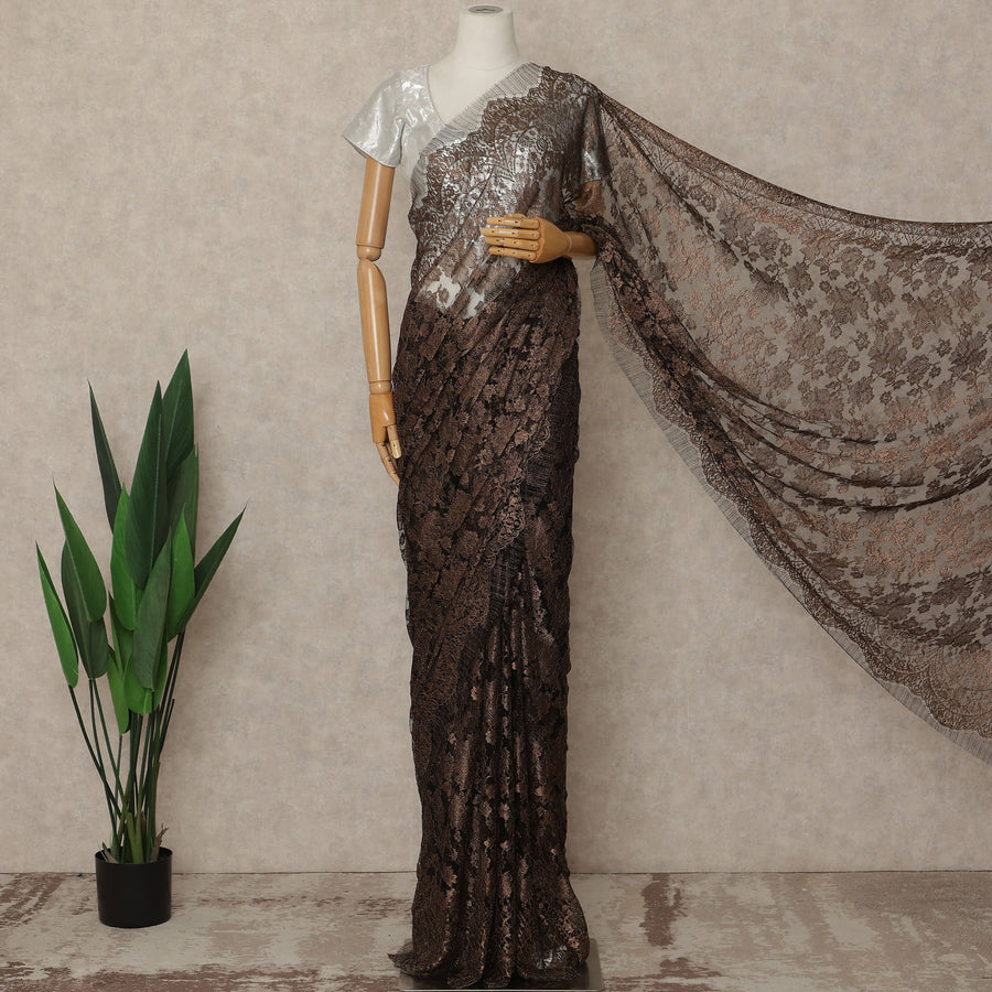 Dark Chocolate Brown Premium French Metallic Chantilly Saree Lace Fabric 5.5 Meters x 110 Cms Width Elegant Floral Net Material From France Unstitched Blouse Not Included-D28148