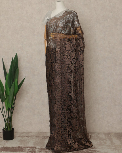 Dark Chocolate Brown Premium French Metallic Chantilly Saree Lace Fabric 5.5 Meters x 110 Cms Width Elegant Floral Net Material From France Unstitched Blouse Not Included-D28148