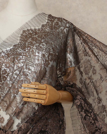 Dark Chocolate Brown Premium French Metallic Chantilly Saree Lace Fabric 5.5 Meters x 110 Cms Width Elegant Floral Net Material From France Unstitched Blouse Not Included-D28148