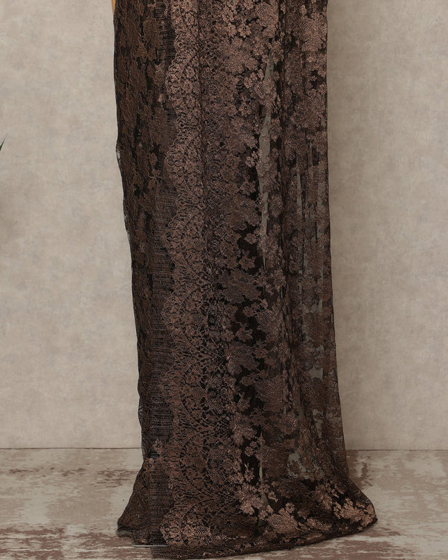 Dark Chocolate Brown Premium French Metallic Chantilly Saree Lace Fabric 5.5 Meters x 110 Cms Width Elegant Floral Net Material From France Unstitched Blouse Not Included-D28148