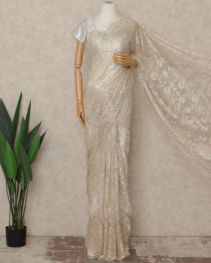 Ivory Beige Premium French Metallic Chantilly Saree Lace Fabric 110 Cms Width 5.5 Meters Piece Elegant Floral Net Lace From France For Designer Sarees And Couture Draping-D27677