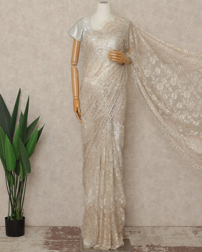 Ivory Beige Premium French Metallic Chantilly Saree Lace Fabric 110 Cms Width 5.5 Meters Piece Elegant Floral Net Lace From France For Designer Sarees And Couture Draping-D27677