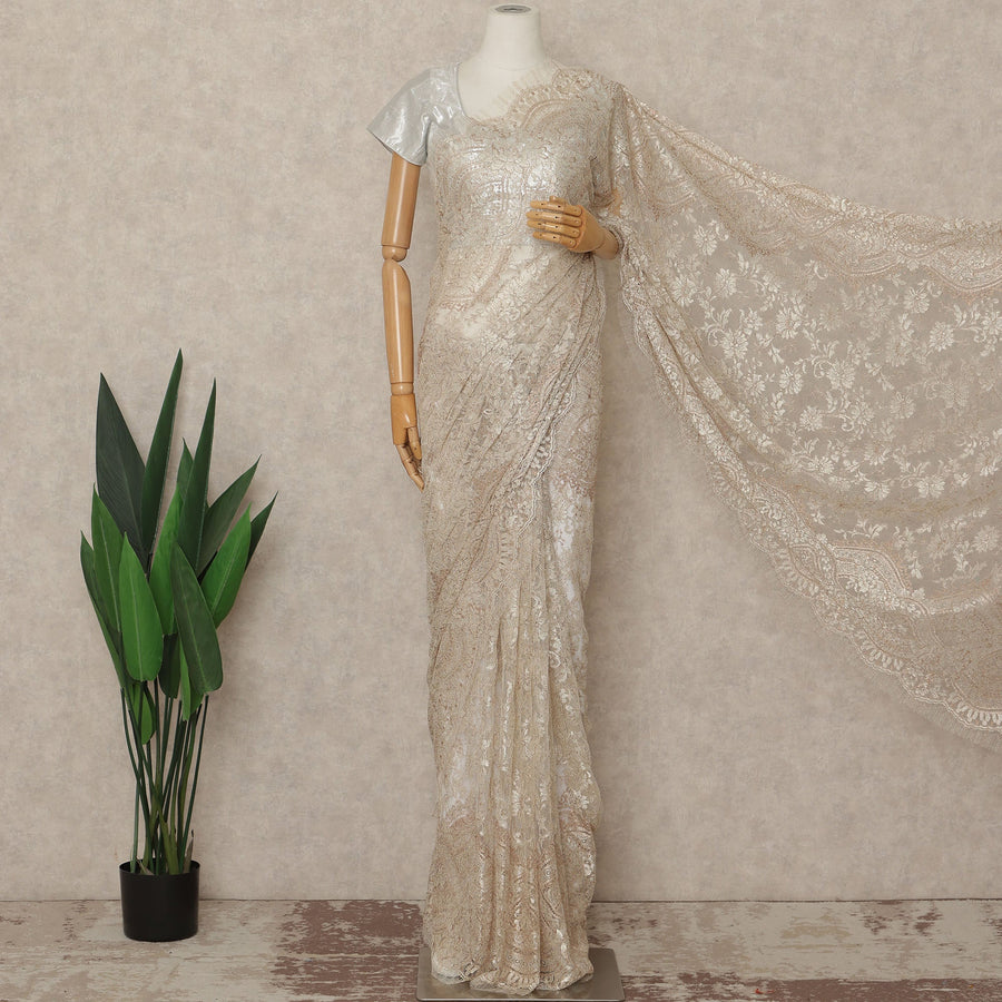 Ivory Beige Premium French Metallic Chantilly Saree Lace Fabric 110 Cms Width 5.5 Meters Piece Elegant Floral Net Lace From France For Designer Sarees And Couture Draping-D27677