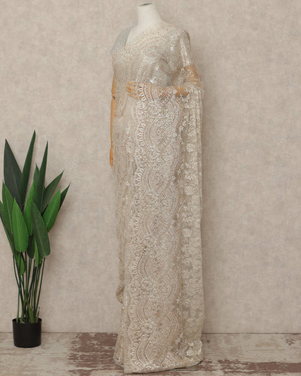 Ivory Beige Premium French Metallic Chantilly Saree Lace Fabric 110 Cms Width 5.5 Meters Piece Elegant Floral Net Lace From France For Designer Sarees And Couture Draping-D27677