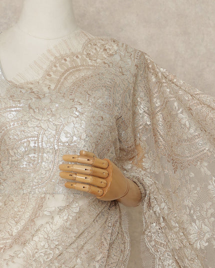 Ivory Beige Premium French Metallic Chantilly Saree Lace Fabric 110 Cms Width 5.5 Meters Piece Elegant Floral Net Lace From France For Designer Sarees And Couture Draping-D27677