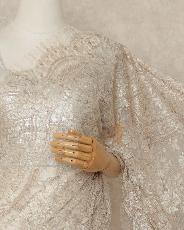 Ivory Beige Premium French Metallic Chantilly Saree Lace Fabric 110 Cms Width 5.5 Meters Piece Elegant Floral Net Lace From France For Designer Sarees And Couture Draping-D27677