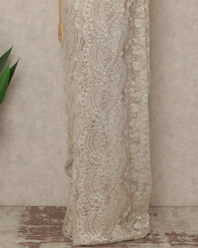 Ivory Beige Premium French Metallic Chantilly Saree Lace Fabric 110 Cms Width 5.5 Meters Piece Elegant Floral Net Lace From France For Designer Sarees And Couture Draping-D27677