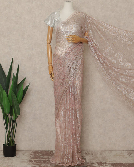 Blush Pink Premium French Metallic Chantilly Saree Lace Fabric 110 Cms Width 5.5 Meters Piece Elegant Floral Net Lace From France For Designer Sarees And Couture Draping-D27671