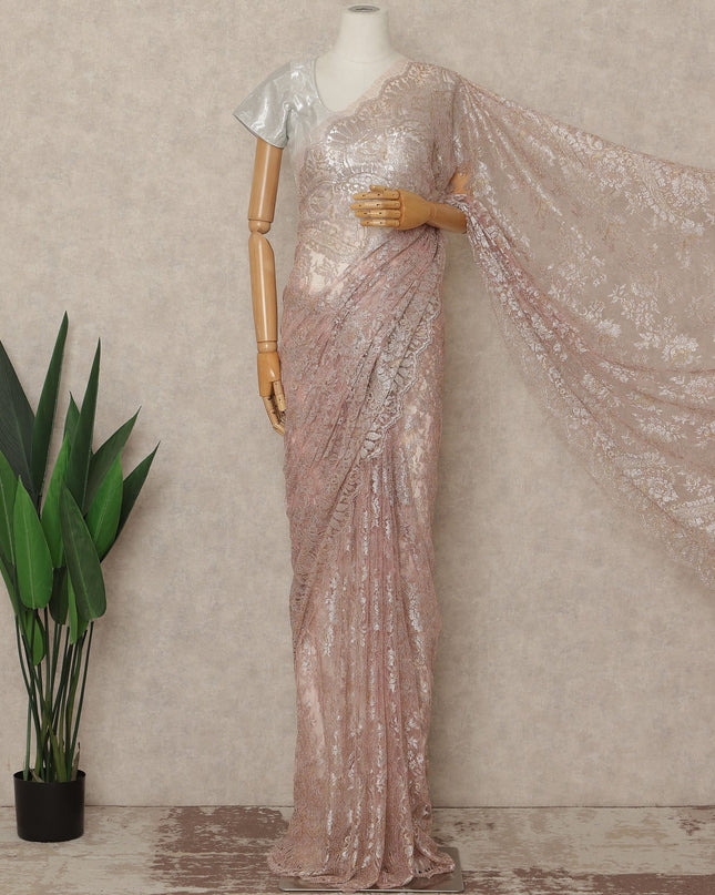 Blush Pink Premium French Metallic Chantilly Saree Lace Fabric 110 Cms Width 5.5 Meters Piece Elegant Floral Net Lace From France For Designer Sarees And Couture Draping-D27671