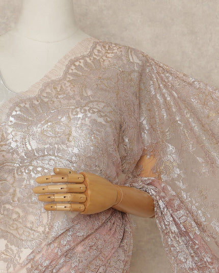 Blush Pink Premium French Metallic Chantilly Saree Lace Fabric 110 Cms Width 5.5 Meters Piece Elegant Floral Net Lace From France For Designer Sarees And Couture Draping-D27671