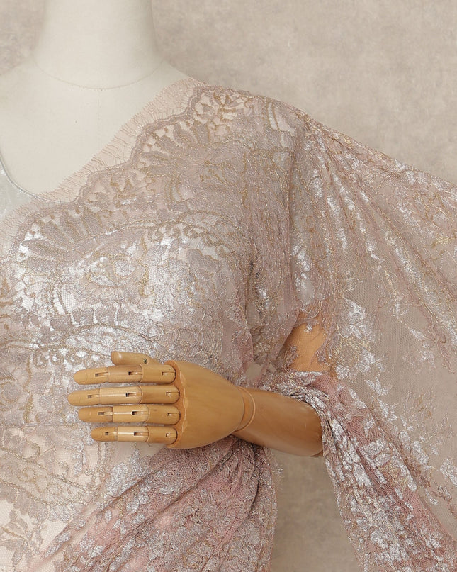 Blush Pink Premium French Metallic Chantilly Saree Lace Fabric 110 Cms Width 5.5 Meters Piece Elegant Floral Net Lace From France For Designer Sarees And Couture Draping-D27671
