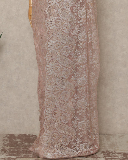 Blush Pink Premium French Metallic Chantilly Saree Lace Fabric 110 Cms Width 5.5 Meters Piece Elegant Floral Net Lace From France For Designer Sarees And Couture Draping-D27671