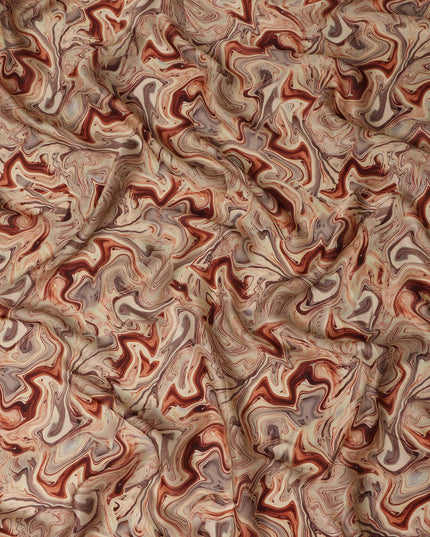 Beige Rust Abstract Marble Swirl Print Synthetic Satin Fabric, 110 Cms Width, Made in India-D28272 Regal Fabrics