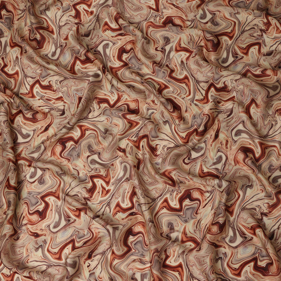Beige Rust Abstract Marble Swirl Print Synthetic Satin Fabric, 110 Cms Width, Made in India-D28272 Regal Fabrics
