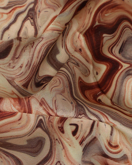 Beige Rust Abstract Marble Swirl Print Synthetic Satin Fabric, 110 Cms Width, Made in India-D28272 Regal Fabrics