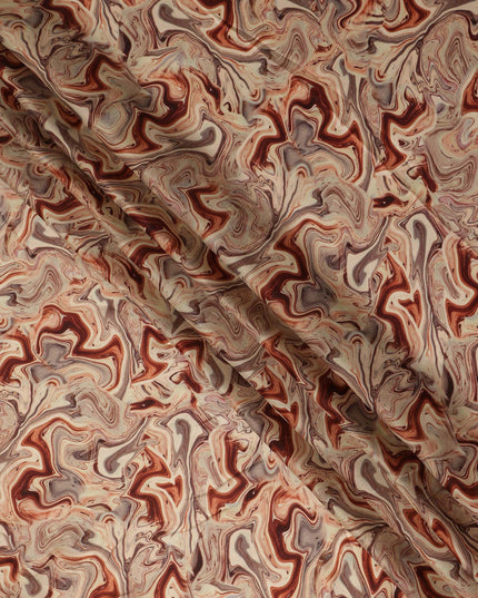 Beige Rust Abstract Marble Swirl Print Synthetic Satin Fabric, 110 Cms Width, Made in India-D28272 Regal Fabrics