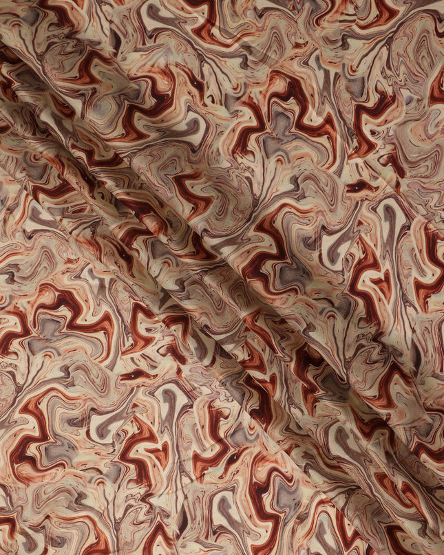 Beige Rust Abstract Marble Swirl Print Synthetic Satin Fabric, 110 Cms Width, Made in India-D28272 Regal Fabrics