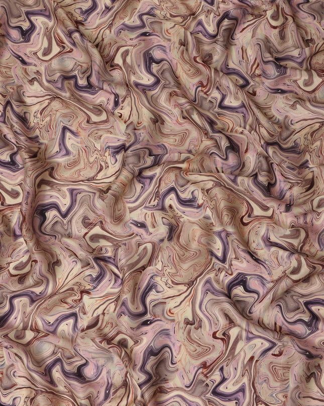 Beige Mauve Abstract Marble Swirl Print Synthetic Satin Fabric, 110 Cms Width, Made in India-D28271 Regal Fabrics