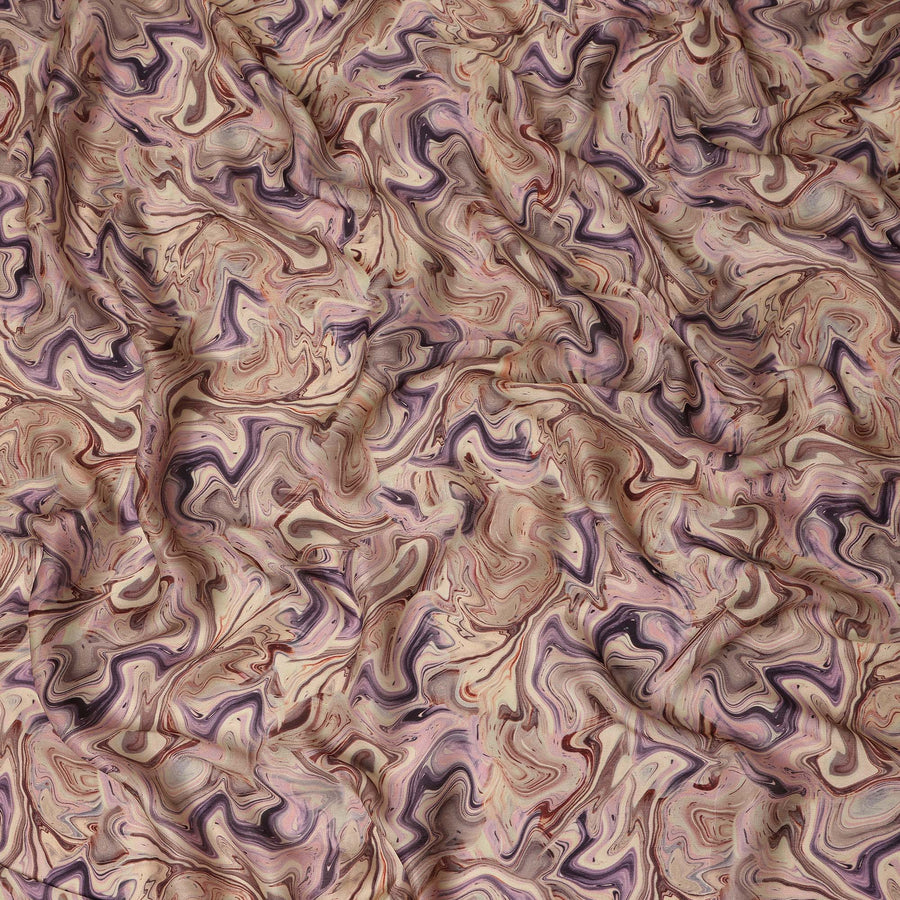 Beige Mauve Abstract Marble Swirl Print Synthetic Satin Fabric, 110 Cms Width, Made in India-D28271 Regal Fabrics